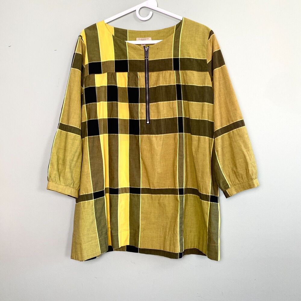 Burberry Brit Top Nova Check Plaid Tunic Zip Womens XL Yellow Black Cotton Blend